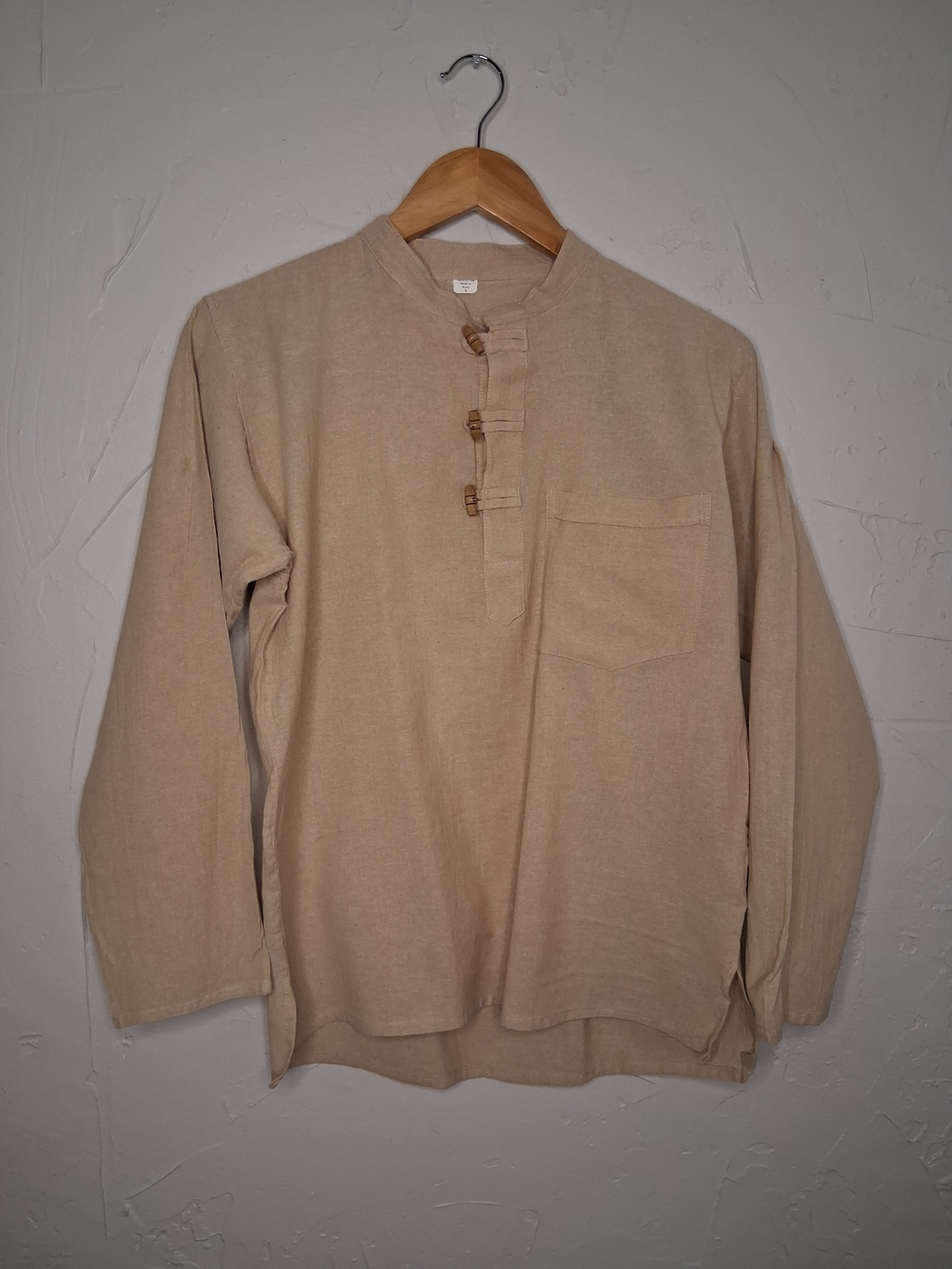 Boho Nepal Cotton Kurta Tunic Shirt Small Beige Toggle Button Festival Hippie